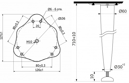 Опора меб. конусная d30-60 h710, хром, винт М10, AKS_2