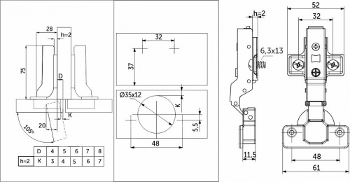 Петля полунакладная с доводчиком 48мм h2 clip-on PRIME by AKS (еврошурупы, заглушки) (упак. = 2 шт.)_2