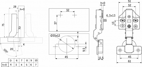 Петля полунакладная с доводчиком 45мм h0 clip-on PRIME by AKS 3D (еврошурупы, заглушки) (упак. = 2 шт.)_2