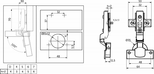 Петля полунакладная с доводчиком 48мм h2 clip-on AKS (еврошурупы)_2