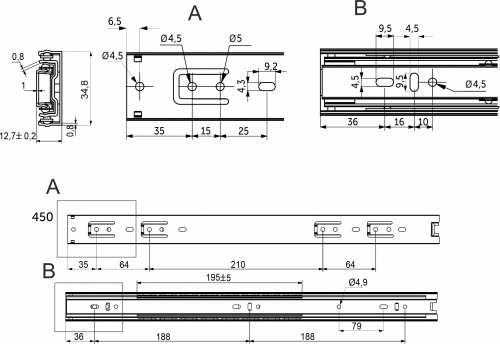 Направляющая шариковая L-450 h=35 AKS C_2