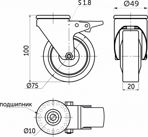 Колесо меб. TECH d75 h100 под винт М10 с торм., серый AKS_2
