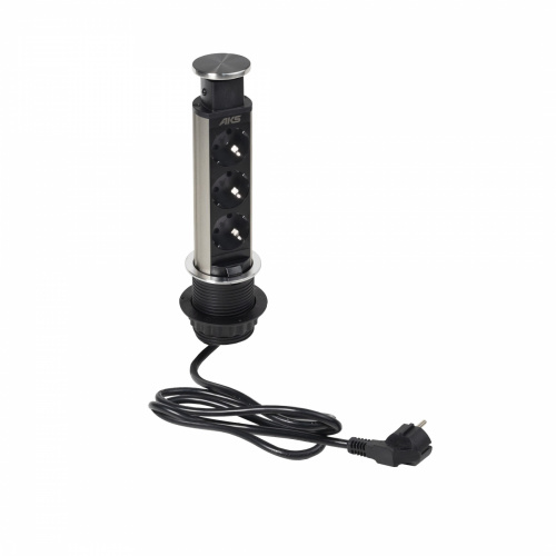 Выдвижной удлинитель Vulcan, 60 мм, 3 розетки, крышка металл, шлифованная сталь, AKS_1