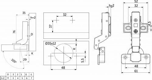 Петля внутренняя без пружины 48мм h2 clip-on PRIME by AKS (саморезы, заглушки) (упак. = 2 шт.)_2