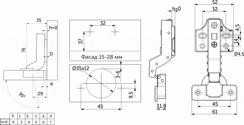 Петля внутренняя с доводчиком 45мм h0 clip-on PRIME by AKS (саморезы, заглушки) д/фасадов до 28мм (упак. = 2 шт.)_2