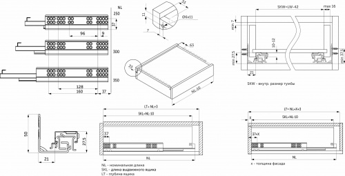 Направляющая скрытого монтажа L-350 с доводчиком ДСП до16mm с замками PRIME by AKS 3D полное выдвижение_2