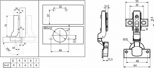 Петля полунакладная с доводчиком 48мм h2 clip-on GRIDLI_2
