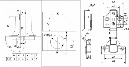 Петля полунакладная с доводчиком 48мм h2 clip-on PRIME by AKS (саморезы, заглушки) д/фасадов до 28мм (упак. = 2 шт.)_2