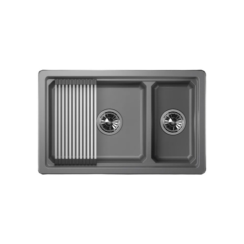 Мойка кварц, прямоугольная двухчашевая, KS-7304U, 730*450мм, алюминиум, под столешницу, Granula_1