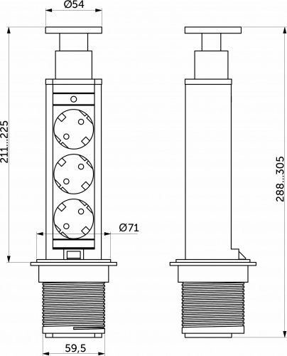 Выдвижной удлинитель Vulcan, 60 мм, 3 розетки, крышка пластик, цвет черный, AKS_2