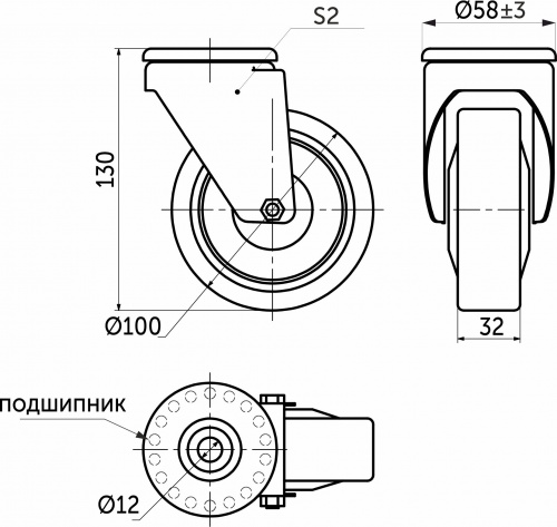 Колесо меб. DUTY d100 h130 под винт М12, серый/черный AKS_2
