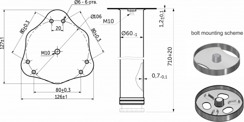 Опора меб. круглая d60 h710, черный, винт М10, AKS_2