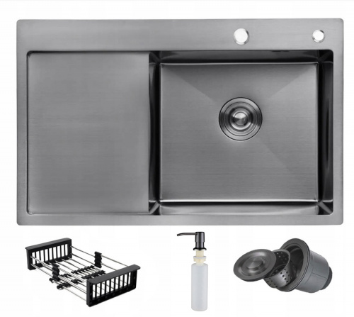 Мойка н/сталь, прямоугольная одночашевая, 780*490мм, графит, мойка справа, врезная на/вровень столешнице, PL (3,2мм)_1