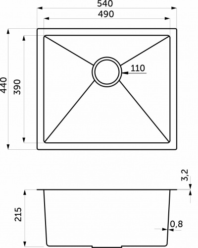 Мойка н/сталь, прямоугольная одночашевая, 540*440мм, сатин никель, универсальная, AKS (3,2мм)_2