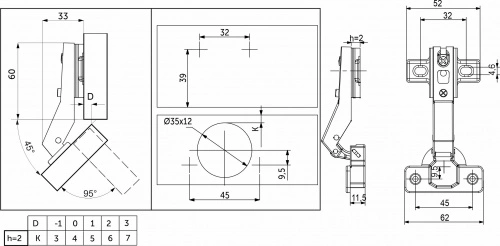 Петля угловая 45° с пружиной 45мм h2 slide-on AKS_2