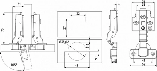 Петля полунакладная с доводчиком 45мм h0 clip-on AKS PRIME 3D (саморезы, заглушки)_2