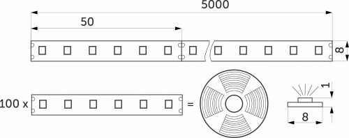 Лента светодиодная - 9,6W/m, 24V, 8мм, 2835, 120 д/м, IP20, теплый белый (3000K), CRI>80, 1400 Lm, 5м, AKS_2