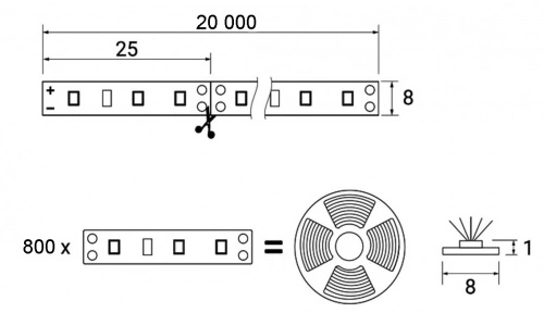 Лента светодиодная - 9,6W/m, 12V, 8мм, 2835, 120 д/м, IP20, холодный белый (6000K) - 20 м, AKS_2
