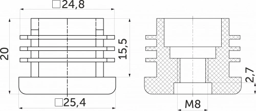 Подпятник под болт М8 для квадр. трубы 25*25 QUADRO, черный AKS_2
