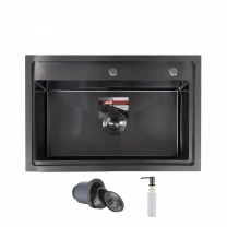 Мойка н/сталь, прямоугольная одночашевая, 700*460мм, глянец черный, врезн на/вровень столешнице, AKS (3,2мм) фотография