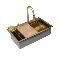 Мойка н/сталь, прямоугольная одночашевая, со смесителем, 750*450мм, соты золото, PVD, врезная на/вровень столешнице, AKS (3,2мм) фотография