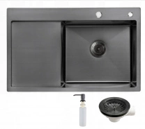 Мойка н/сталь, прямоугольная одночашевая, 780*490мм, мат графит, PVD, мойка справа, с крылом, врезн на/вровень столешнице, AKS (3,2мм) фотография