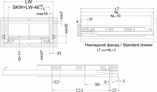 Направляющая скрытого монтажа L-350 с доводчиком ДСП до18mm с замками AKS PLUS 3D полное выдвижение_2
