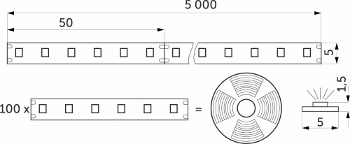 Лента светодиодная - 9,6W/m, 24V, 5мм узкая, 2835, 120 д/м, IP20, теплый белый (3000K), CRI>80, 1100 Lm, 5м, AKS_2