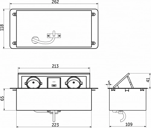 Выдвижной удлинитель Nova USB, 2 розетки, USB A + USB C, черный, AKS_2