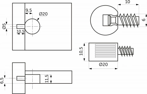 Полкодержатель d20 со штоком-евровинтом 6*10 прозрачный (уп/0,5тыс.шт) AKS_2