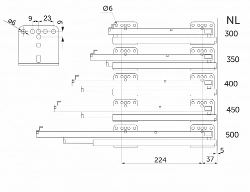 Направляющая скрытого монтажа L-300 с доводчиком ДСП до16mm с замками AKS SLIM SLIDE полное выдвижение_2