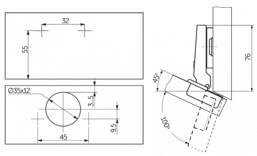 Петля угловая -45° с пружиной 45мм h2 slide-on AKS_5
