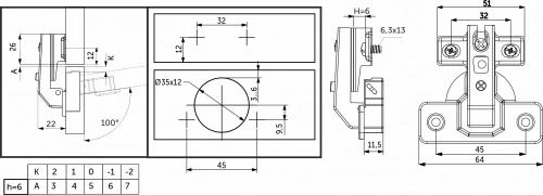 Петля под фальшпанель 90° с доводчиком 45мм h6 несъемная планка AKS (еврошурупы) короткое плечо_2