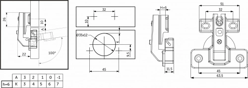 Петля под фальшпанель 90° с пружиной 45мм h6 slide-on AKS короткое плечо_2
