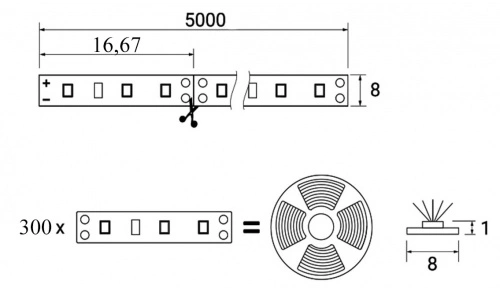Лента светодиодная - 14,4W/m, 12V, 8мм, 2835, 180 д/м, IP20, холодный белый (6000K), 5м, AKS_2