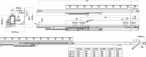 Направляющая скрытого монтажа L-350 push to open ДСП до16mm насадной монтаж AKS QType полное выдвижение_2