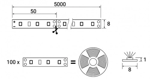 Лента светодиодная - 4,8W/m, 12V, 8мм, 2835, 60 д/м, IP20, теплый белый (3000K), CRI>80, 550 Lm, 5м, AKS_2