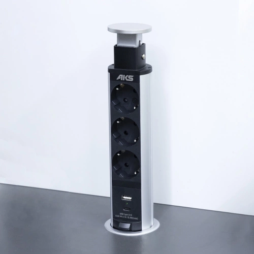 Выдвижной удлинитель Vulcan USB, 60 мм, 3 розетки, USB A + USB C, крышка пластик, алюминий, AKS_4