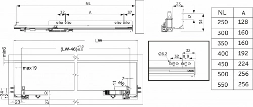 Направляющая скрытого монтажа L-250 (мин.глубина корпуса 300мм) с доводчиком ДСП до19mm с замками AKS QType полное выдвижение_2