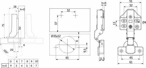 Петля полунакладная без пружины 45мм h0 clip-on PRIME by AKS 3D (саморезы, заглушки) (упак. = 2 шт.)_2