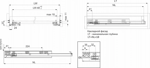 Направляющая скрытого монтажа L-350 с доводчиком ДСП до18mm с замками AKS 3D полное выдвижение_2