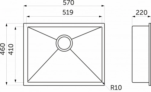 Мойка н/сталь, прямоугольная одночашевая, 570*460мм, глянец сатин, универсальная, AKS (3,2 мм)_2