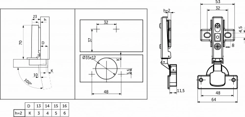 Петля накладная с доводчиком 48мм h2 clip-on AKS_2