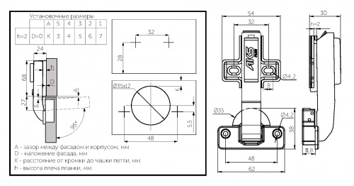 Петля под фальшпанель 90° с доводчиком 48мм h2 clip-on AKS PLUS (саморезы, заглушки)_2