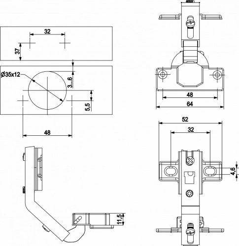 Петля д/составных фасадов 135° 48мм h2 slide-on AKS_2